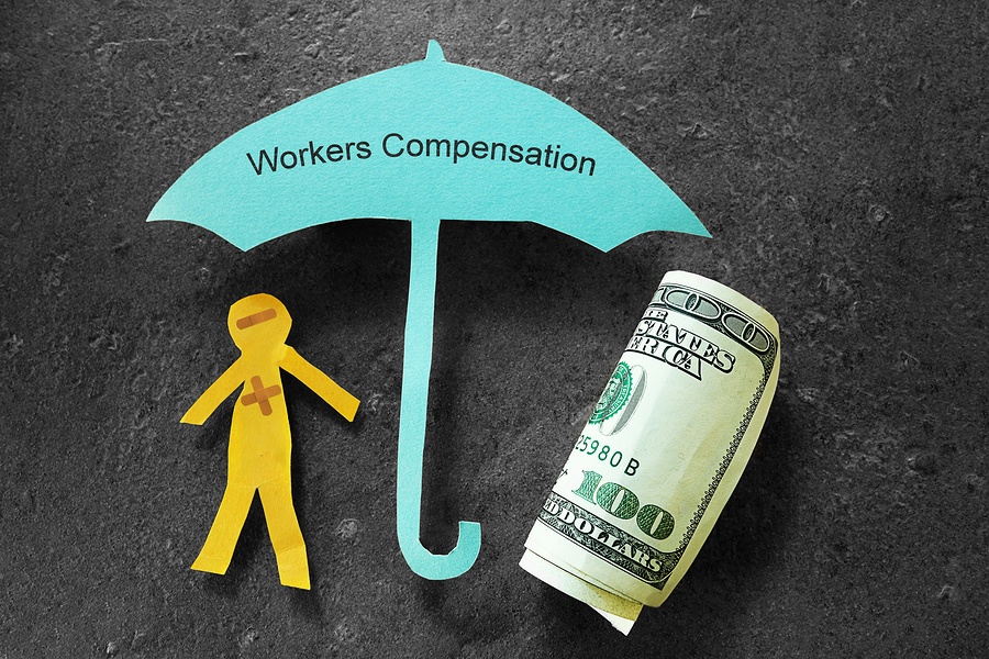 Injured paper man with money under Workers Compensation umbrella