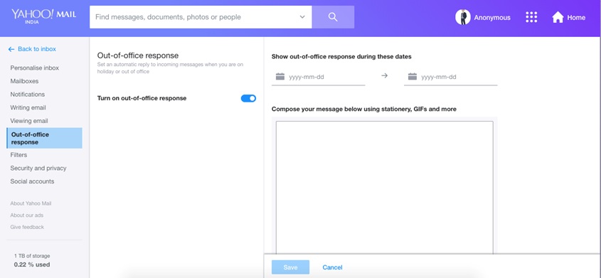 Out of office responses in Yahoo mail