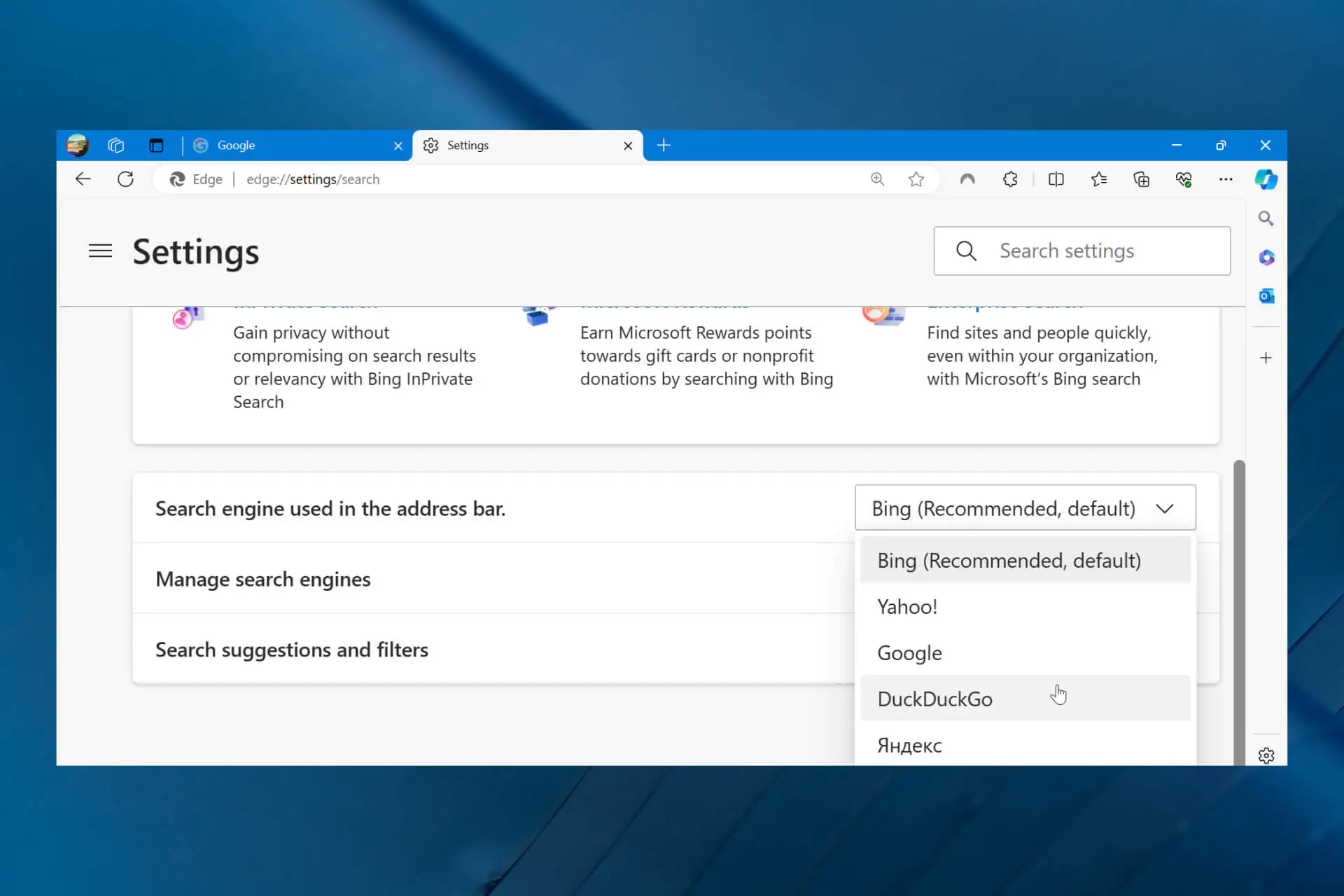 Change Default Search Engine To Google in Windows 10 Edge Browser